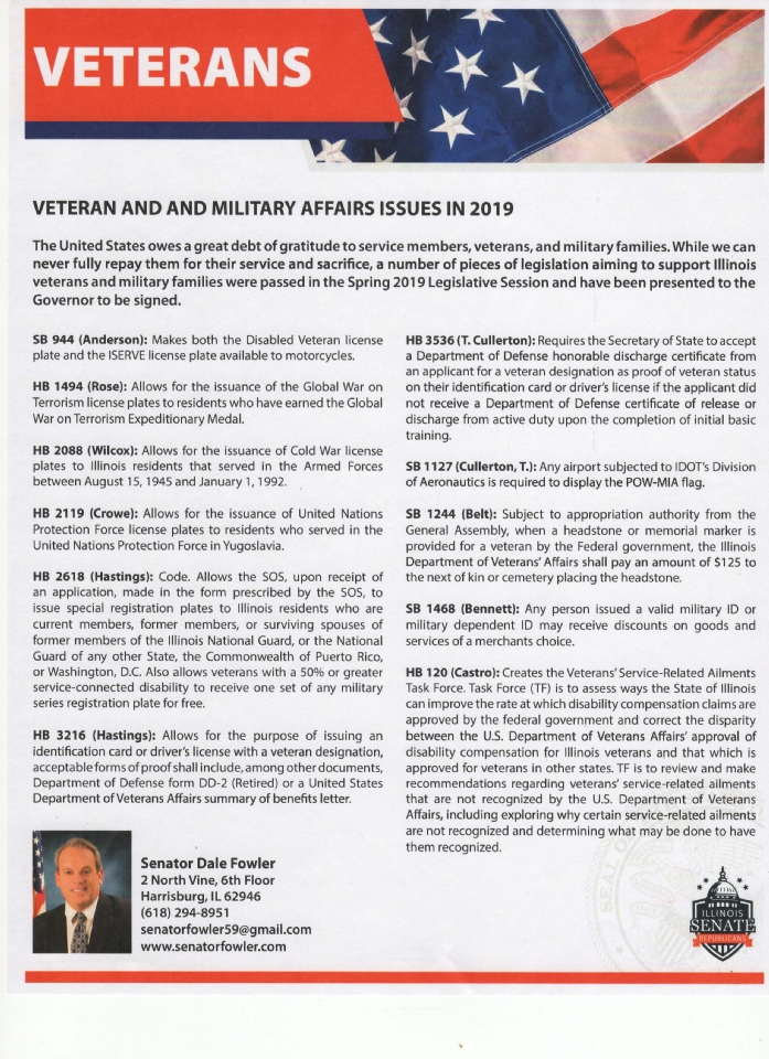 Listing of all Bills proposed in 2019 regarding Veteran and Military Affairs/Issues. This is a list of proposed Bills, some have not, and may not be, be signed into law.
